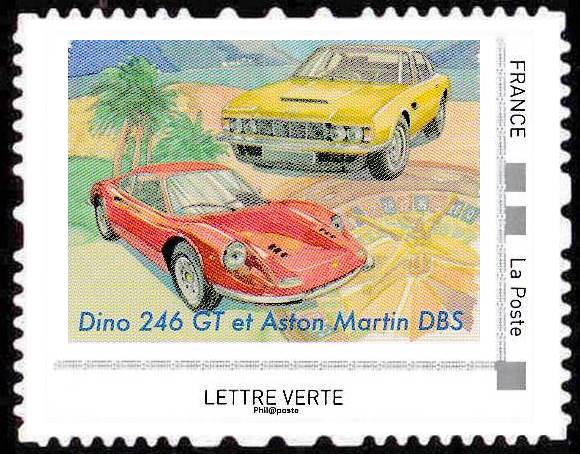 Fête du timbre 2021 : Timbre à l'effigie de la Ferrari Dino et de l'Aston Martin DBS